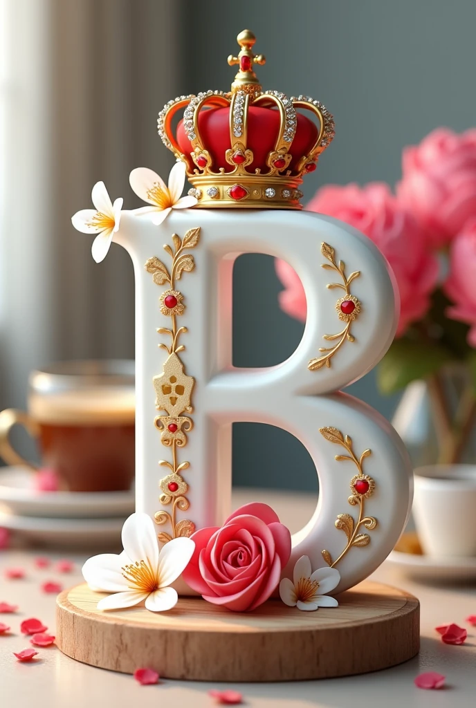A 3D render of A white letter B with gold embellishments and small white flowers on a wooden base. The letter is adorned with a red heart and a gold British crown with red jewels. The background is blurred and features a cup of coffee and a bouquet of pink flowers. The image is styled to look like a beautiful, whimsical scene.