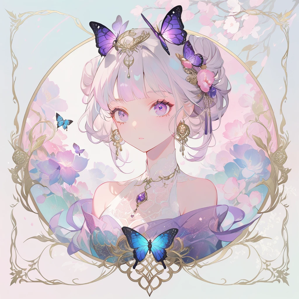 A cute anime girl with white hair and purple butterflies on her head, wearing an off-the-shoulder lace dress adorned with jewelry. The artwork is created using digital painting techniques, featuring anime aesthetics, with a full body portrait. It showcases a detailed character design and intricate details, creating a dreamy atmosphere. The background features soft pastel tones, adding to its ethereal quality., in