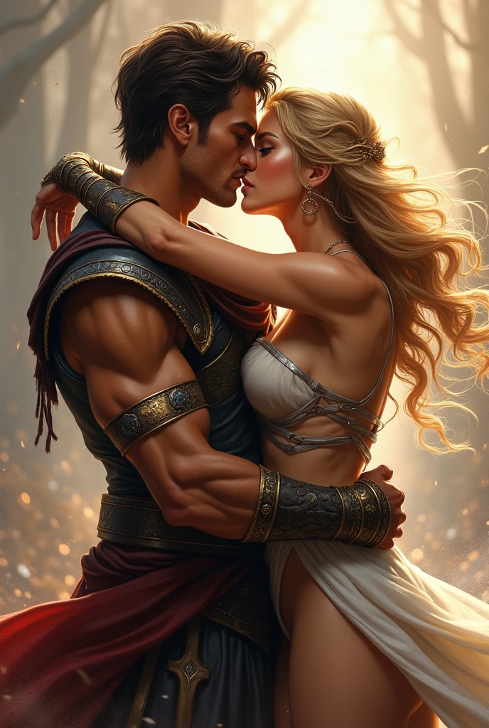 Make this handsome warrior with dark brown medium short hair, brown warm eyes, sharp chin, muscular, caramel skin on to be kissed by a beautiful woman with golden hair to her sholder and blue eyes, dressed as a warrior, who jumps into his arms and kisses him passionately