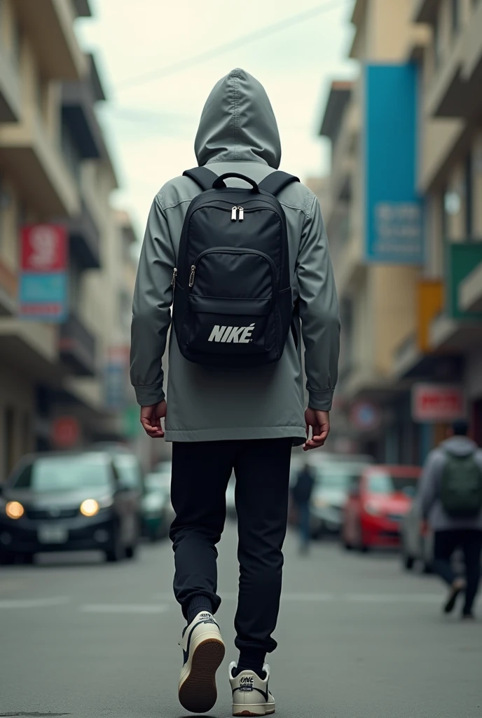 A realistic photo of a tall hooded boy in a grey Nike coat, and a black sweatpants with white high-top sneakers, Nike style but they are not totally Nike. Walking around Panama City with a branded backpack "line" The photo taken from behind the person.  Hooded so that nothing can be seen of his head