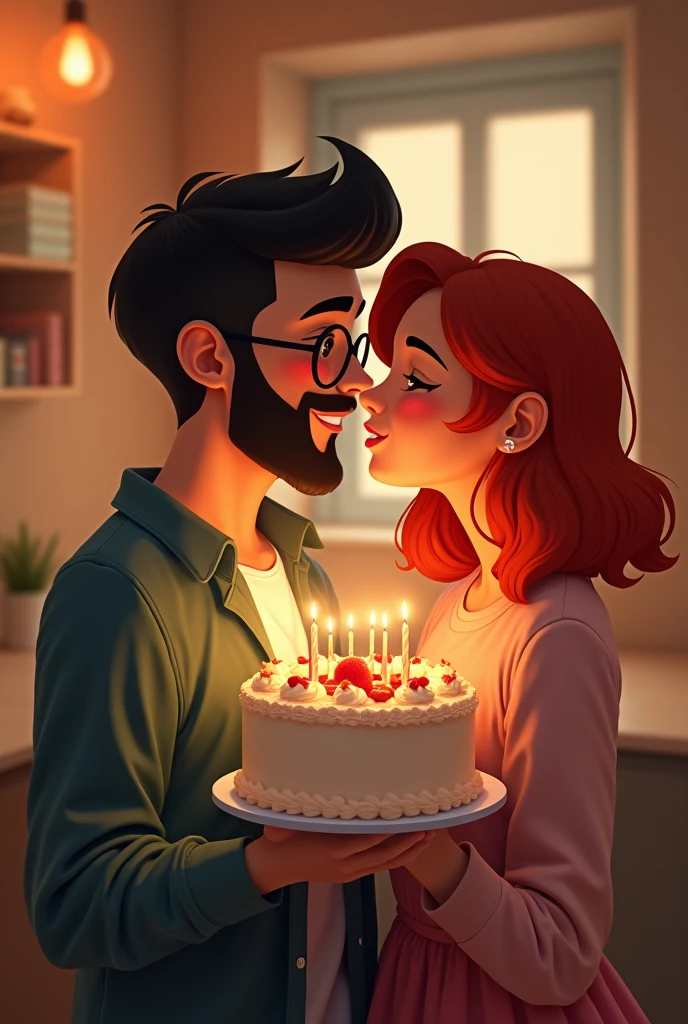 A young white man with very short black beard and glasses holding a birthday cake, and a red head young woman without glasses by his side kissing his cheek 