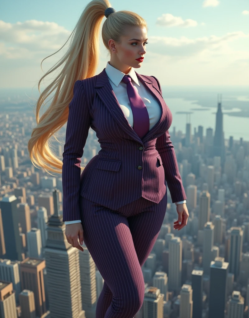 (photorealism:1.2), young , beautiful bbw schoolgirl a massive curvy blonde ponytail red lips wearing a perfect dark purple pinstripe suit with a thick purple tie large collar large breasts. Platform high heels , standing, giantess art, highly detailed giantess shots, giantess, most detailed, perfect face, Two legs, Five fingers, short hair, A high school girl who is bigger than a skyscraper, standing on very small city, skyscarpers at their feet, skyscrapers small, smile, huge breasts, major metropolis, numerous Destroying cities, Under heavy attack, A very small big city, Miniature metropolis, Full body description, GTS, giga giantess, gigagts, stomping city, crash city, tiny city, micro city, , High resolution, highest quality, masterpiece, aerial view looking down from a plane.