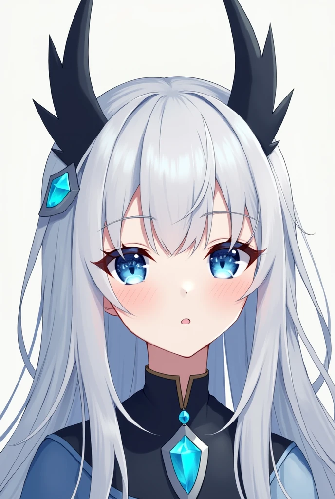A Japanese anime style girl with long white hair，M-shaped bangs，She has a pair of blue eyes，There are only two black head ornaments on the top of her head that resemble upward arrows. In the middle of the two upward arrows, there is a blue round bead dotted in the middle of the arrows.，There is nothing on her head except two upward arrows.