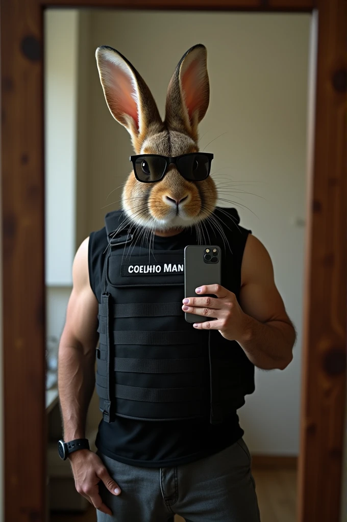 A rabbit taking a picture in the mirror with an iPhone 11 Pro. He has to wear a black military vest, dark glasses and with the name on the vest written Coelho Manso