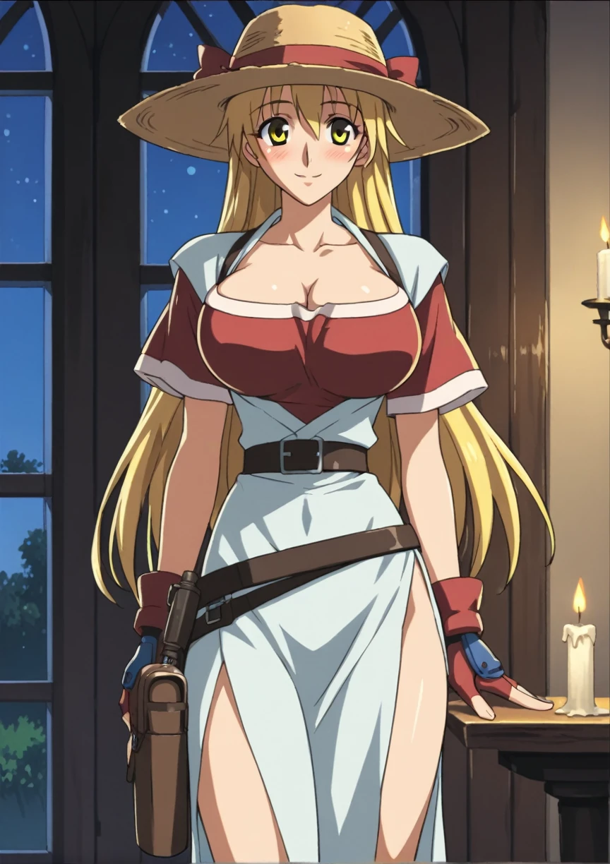 1girl, long hair, blonde hair, yellow eyes, big breasts, cleavage, short sleeves, fingerless gloves, long dress, side slit, belt, holster, boots, wide-brim hat, cowboy shot, smile, blushing, inn, night, window, candlelight score_9, score_8_up, score_7_up, score_6_up, score_5_up, score_4_up, BREAK source_anime, masterpiece