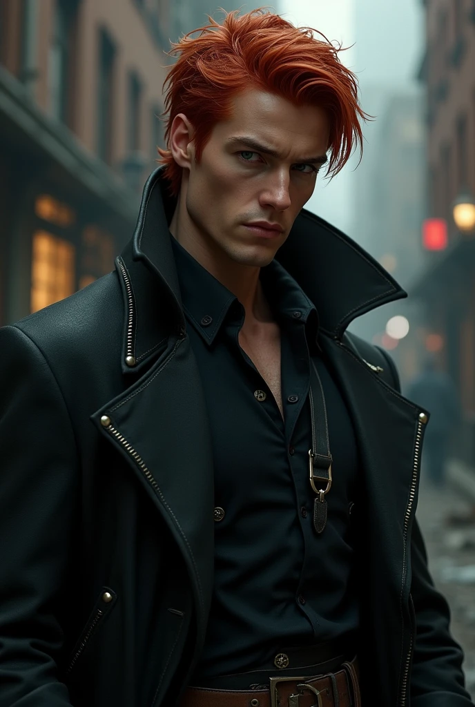 Create a male character with messy red hair and wearing a black overcoat .