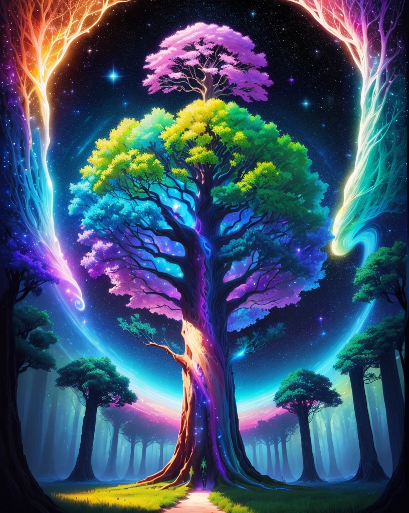 Painting of a tree with iridescent sky on background, the Tree of Life, Space Tree of life, Magic Tree, Tree of Life seed of doubt, Fantasy Tree, Tree of Life, the world Tree, Space Tree, Magic Tree, Magical colors and atmosphere, Colorful concept art, world Tree, Yggdrasil, Beautiful Art UHD 4K Bright Future　Time and space　Girl