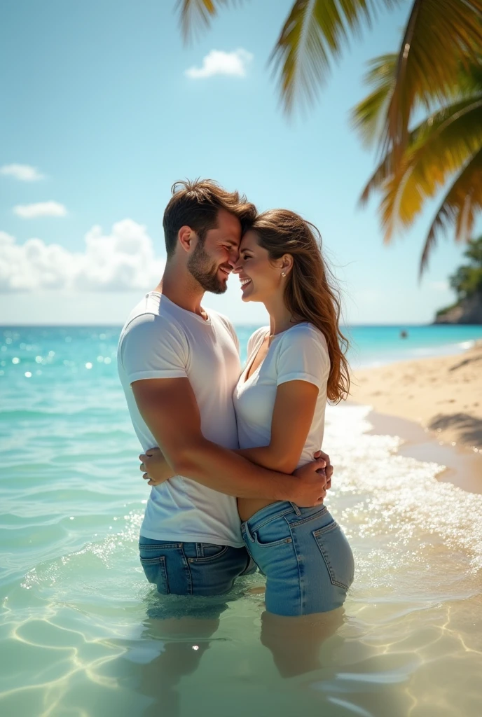 A newly married couple wearing t-shirt and jens in the sea beach.they are swimming in the sea.