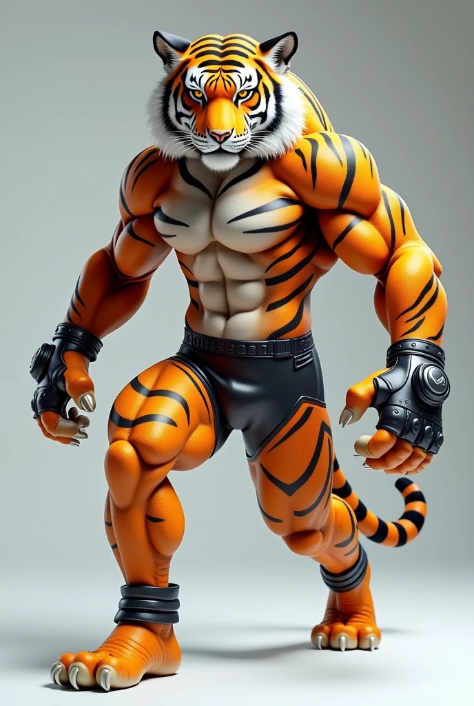 anthropomorphic tiger in shiny running shorts wearing fingerless gloves and shiny straps around ankle and feet
