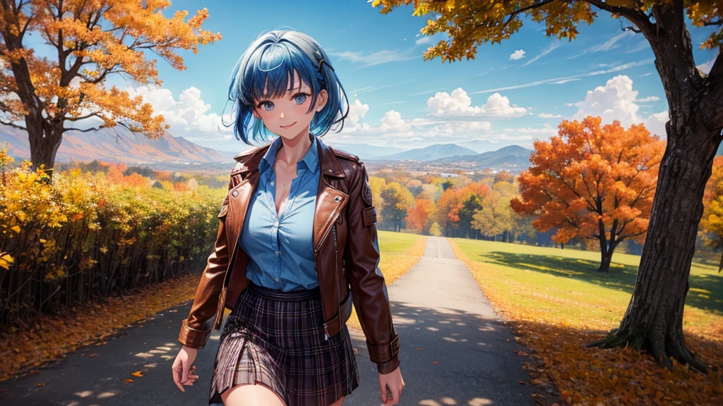 1girl, solo, trees, sun, clouds, autumn, colorful trees, falling leaves, ((blue hair)), short hair, large breasts, ((brown leather jacket)), button down shirt, ((blue checked shirt)), ((unbuttoned shirt)), unbuttoning buttons, blue eyes, long skirt, brown boots, smile, happy, looking at the viewer, walking, upper view, hair ribbon, golden necklate