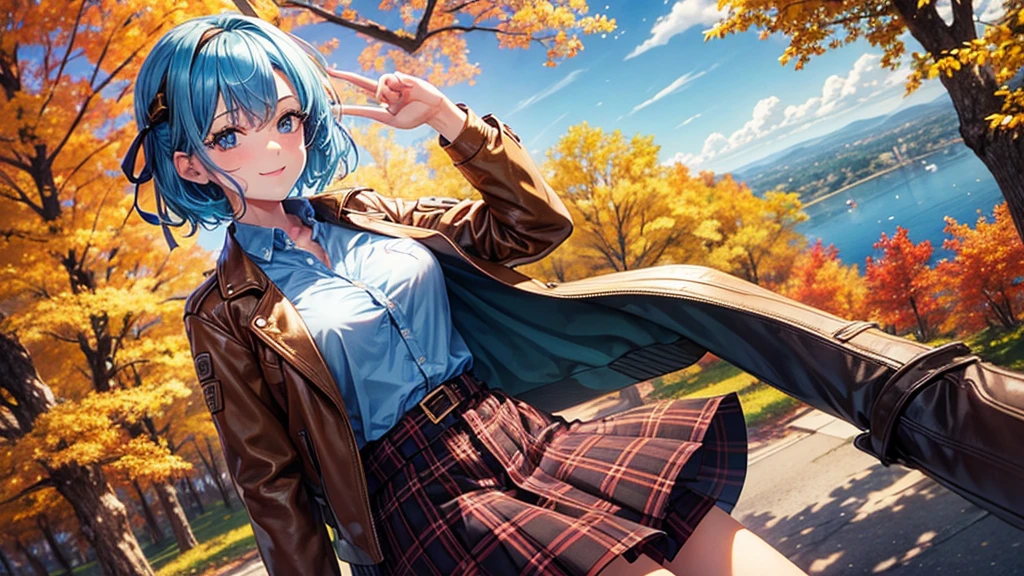 1girl, solo, trees, sun, clouds, autumn, colorful trees, falling leaves, ((blue hair)), short hair, large breasts, ((brown leather jacket)), button down shirt, ((blue checked shirt)), ((unbuttoned shirt)), unbuttoning buttons, blue eyes, long skirt, brown boots, smile, happy, looking at the viewer, walking, upper view, hair ribbon, golden necklate