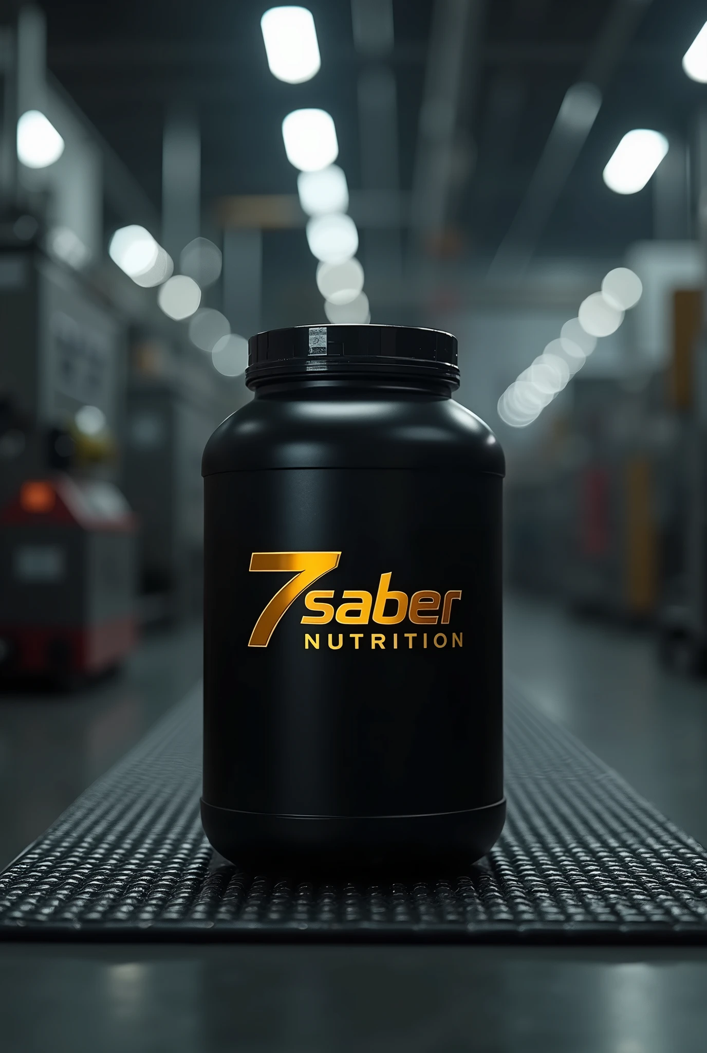 A dark factory where sports nutrition is produced, 3-2 kg plastic jars, black too, with a golden 7saber nutrition logo, let them show the mat, several machines, no need for now