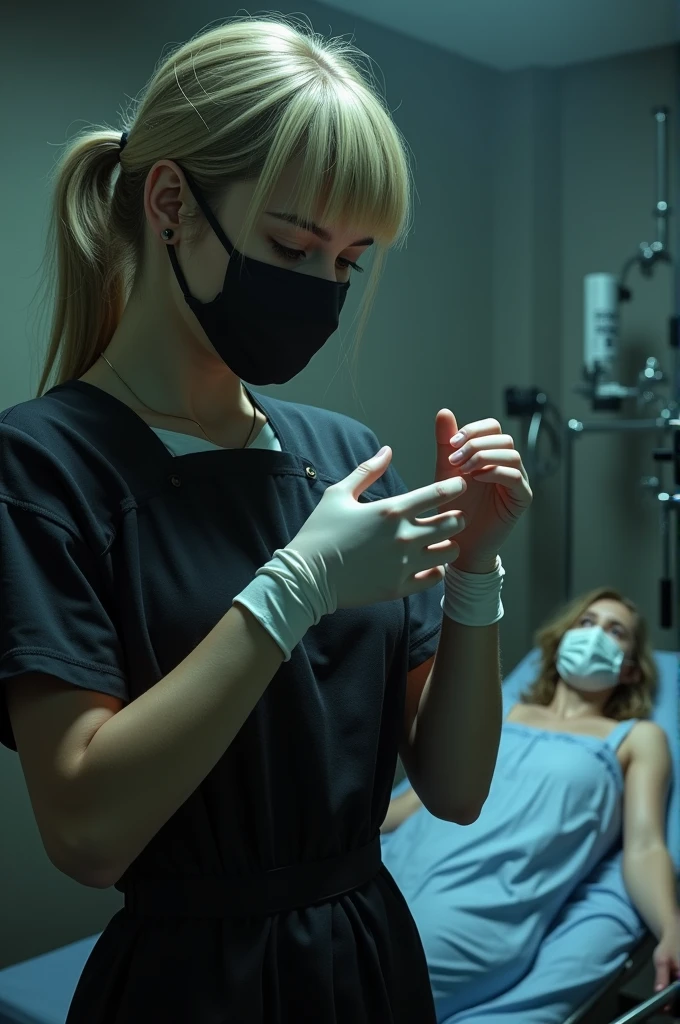 A blonde girl with bangs, wearing a black surgical mask and a black apron, is in the process of putting on some white latex gloves. The scene is realistic, showing how to stretch the first glove precisely over his hand, while his face reflects a mixture of concentration and satisfaction. The setting is a poorly lit, sterile operating room., with metal surfaces and medical equipment, creating a tense atmosphere. In the background, A victim tied to a table watches