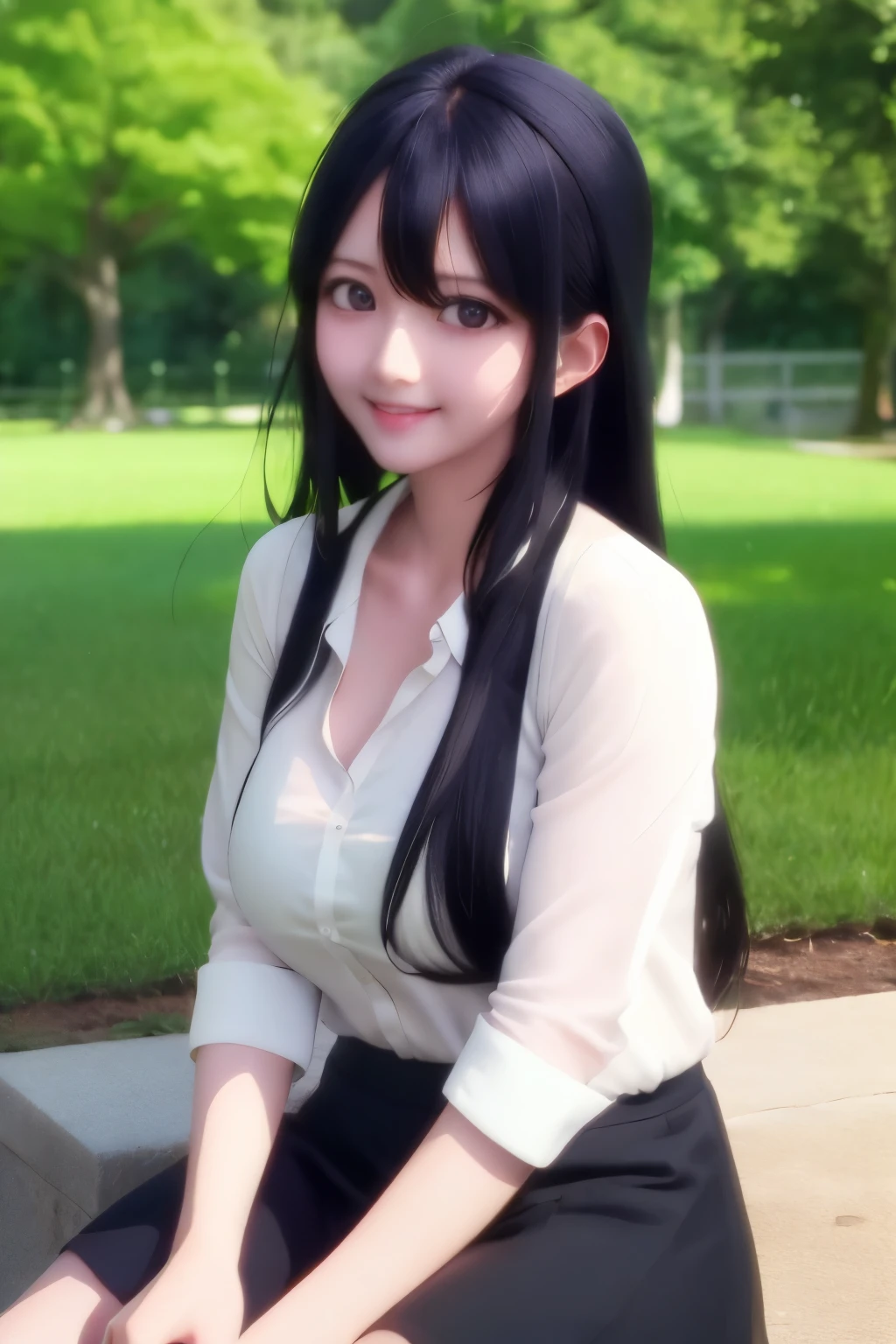 1girl,ai hoshino,sitting in the park, white shirt, transparent shirt, cleavage visible, black mini skirt, long hair, black hair, black eyes, very big breasts, slight smile,close up photo, ultra detail, ultra HD, masterpiece, stunning