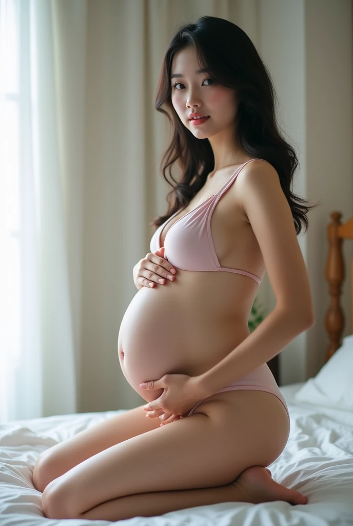Swimsuit Bikini/young korean/Full term pregnant woman/squatting on the bed