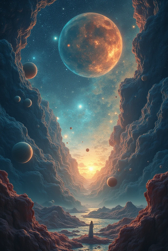 Generate an image of a surreal cosmic scene where stars and planets appear to be in two places at once, symbolizing the overlapping of different moments in time and the experience of déjà vu