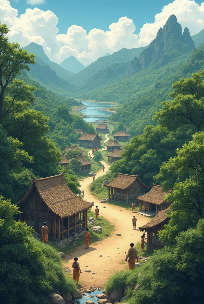 "Envision Tokyo, Japan, in 3,573 BC, a time deep in the Jomon period, long before the rise of the modern city. The landscape is predominantly natural, with thick forests of ancient trees covering much of the region. The terrain is a mix of rolling hills, valleys, and rivers, with the area that would one day become Tokyo Bay being a coastal wetland teeming with wildlife.
Small, scattered communities of Jomon people live in harmony with the land. Their settlements consist of simple, semi-subterranean pit houses (known as tateana) made of wood and thatch, with only the thatched roofs visible above ground. These houses are clustered together in small villages, usually near rivers or coastlines, where the Jomon people fish, hunt, and gather food.
The people wear clothing made from plant fibers and animal skins, and they are skilled artisans, creating intricate pottery with rope-like patterns, as well as stone tools, and jewelry made from bone, shell, and jade. The area is rich with natural resources, and the Jomon people have a deep connection to nature, engaging in rituals and ceremonies that reflect their spiritual beliefs, often centered around nature and ancestor worship.
The air is filled with the sounds of nature—birds, insects, and the rustling of leaves in the wind. There are no large man-made structures, roads, or towns, just the peaceful and undisturbed landscape of ancient Japan, where the Jomon people live a simple, yet rich and culturally vibrant life, deeply connected to the environment around them."