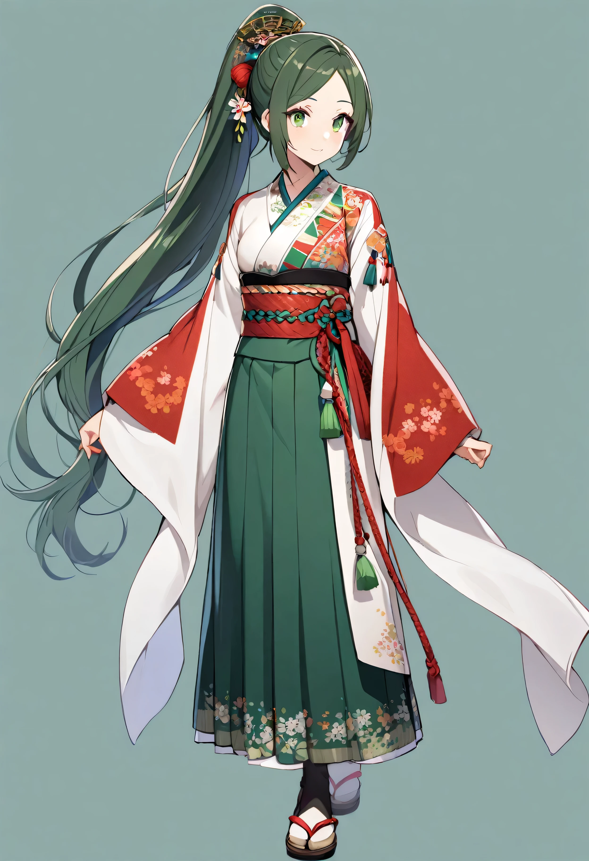 1 adult female,whole body,Long Hair,Dark green hair,ponytail,Green Eyes,National clothing,No background