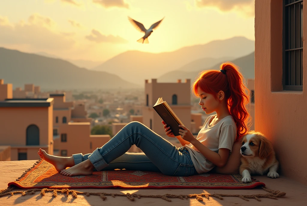 Une photo d'une jeune fille aux cheveux de feu avec son petit chien , une image réaliste, plus précise. Elle lit un livre sur le toit de la maison et allongée sur un tapis marocain, vêtue d'un jean et ses pieds sont nus . Il y a des maisons et montagne ( comme montagne de Agadir oufella ) sont lointaine, fenêtres éclairées, coucher de soleil et brouillard dans le ciel, comme un tableau de l'artiste Léonard de Vinci, résolution 4K, 8K. La scène est proche de la jeune fille, il y a une colombe dans le ciel et dessus. le mur de la maison.