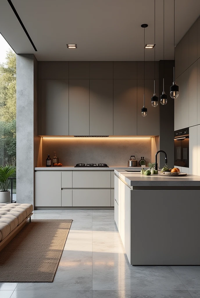 interior design , modern kitchen, custom furniture, gray floor ,render ultra realista , 8k ,4k , ultra-realista , Foto realista