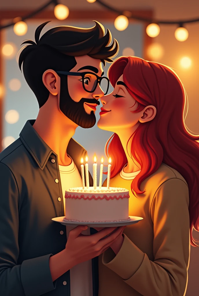 A young white man with very short black beard and glasses holding a birthday cake, and a red head young woman without glasses by his side kissing his cheek