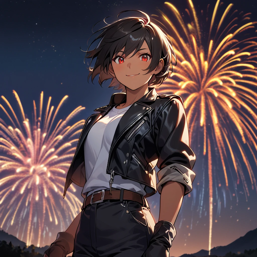 One person,Female,(night sky full of fireworks),fireworks background,short hair,black hair,best lighting,dark skin,red eyes,((black leather jacket with rolled up arms)),fingerless gloves,white T-shirt,((white headband)),black long pants,white shoes,brown belt,cute,fine background,charm points Japanese countryside,slightly bigger chest,outdoors,high quality,night,(confident smile),fun atmosphere