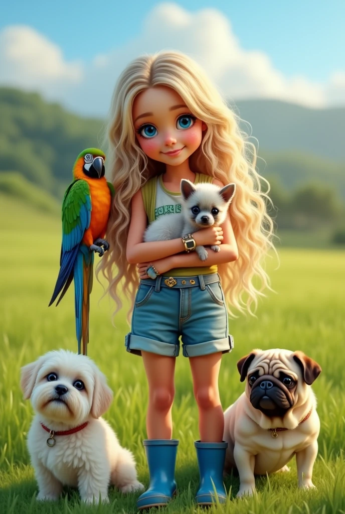 a girl with blue eyes and long, wavy, somewhat messy blonde hair, dressed casually in blue galoshes, with a parrot on her shoulder and holding a baby chinchilla in her arms, a white pug dog on the ground and birds flying, in a field of greenery with a sunny sky, hair with highlights, bangs, curly hair, messy hair, parted bangs, asymmetrical bangs, big hair, cheek to cheek, smile, photo at eye level, streaked hair, bangs, curly hair, messy hair, parted bangs, asymmetrical bangs, big hair, cheek-to-cheek, grin, Eye-Level Shot