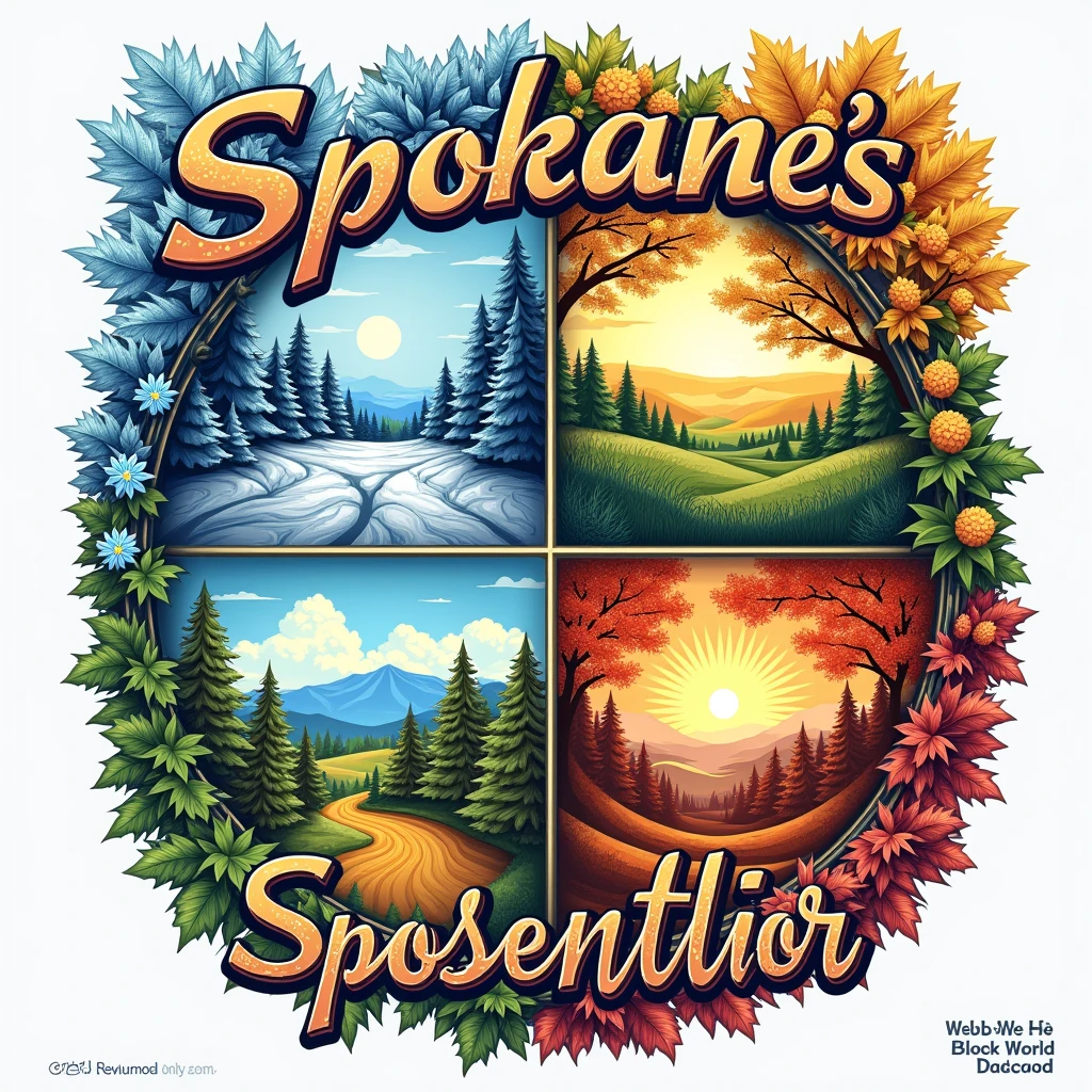 Design a T-shirt showcasing Spokane’s seasonal changes, with a divided design showing winter snow, spring blossoms, summer sunshine, and fall leaves. Use vibrant, seasonal colors for each section. Add "Spokane’s Seasonal Splendor" in a stylish, seasonal font.