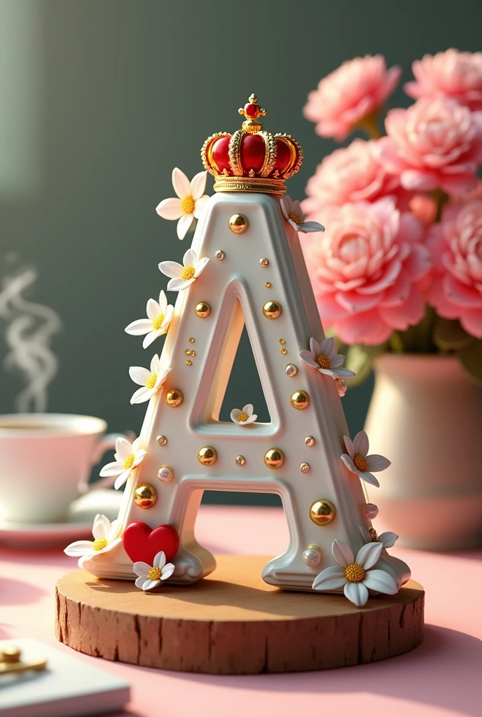 A 3D render of a white letter A with gold embellishments and small white flowers on a wooden base. The letter is adorned with a red heart and a gold British crown with red jewels. The background is blurred and features a cup of coffee and a bouquet of pink flowers. The image is styled to look like a beautiful, whimsical scene.