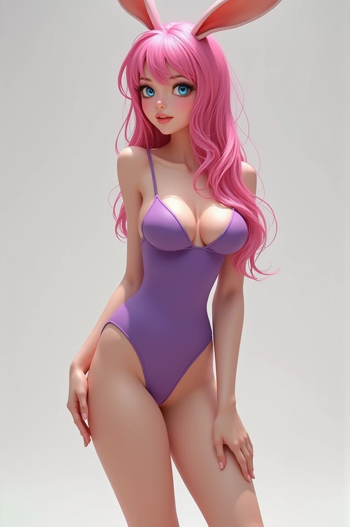 chef-d&#39;œuvre, la plus haute qualité,Beaux yeux, de beaux cheveux, Beau visage, belle peau, seul, 1 fille, した乳tête, filles animées, (tout le corps), courbée, Beaux seins,peau brillante,les yeux brillants, Peau douce, peau brillante, Peau douce, peau brillante, （Maillot de bain violet à fronde sans ornements aux épaules, tête, ou l&#39;abdomen.)、Buste latéral, clivage, pieds nus, Talons hauts, (cheveux roses), (bare tête:1.3), (Épaules nues:1.3), (clavicules nues:1.3), fausses oreilles de lapin, yeux bleus, Sont debout