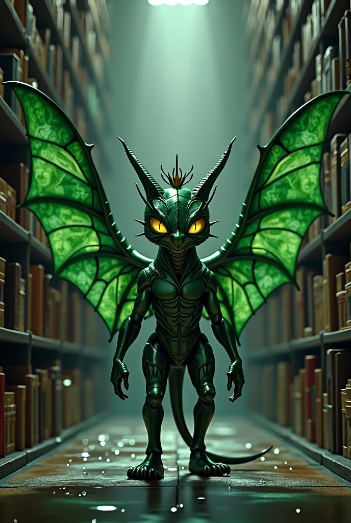 fantastic winged creature in the corridor, fully body, yellow  eyes, Scared expression, crown on head, green body armor, dark library in the background 