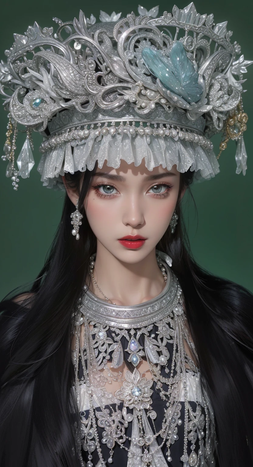 Very detailed, Delicate face, Realistic style, Stock Photography ,  rich and colorful, Surrealism, Realistic textures, Dramatic Lighting, Distiller 800  (8K, original photo, Better quality, masterpiece: 1.2), Very detailed, (Extremely delicate skin: 1.2), 8K Ultra HD, SLR camera, Soft Light, high quality， 冰冻Queen,Snow Castle，Blue pupils，Apply red lipstick，Queen，Gorgeous clothing, Gold Jewelry，Printed lace，Silk dress，Pearls, diamonds, and gems，Moon Goddess，Silver Diamond Armor，breasts   symmetrical，Lace print dress，Intricate tattoo designs，Exquisite and luxurious silver decoration