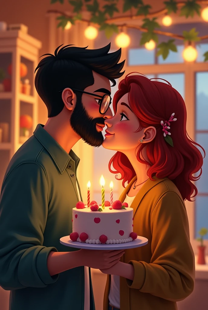 A young white man with very short black beard and glasses holding a birthday cake, and a red head young woman without glasses by his side kissing his cheek