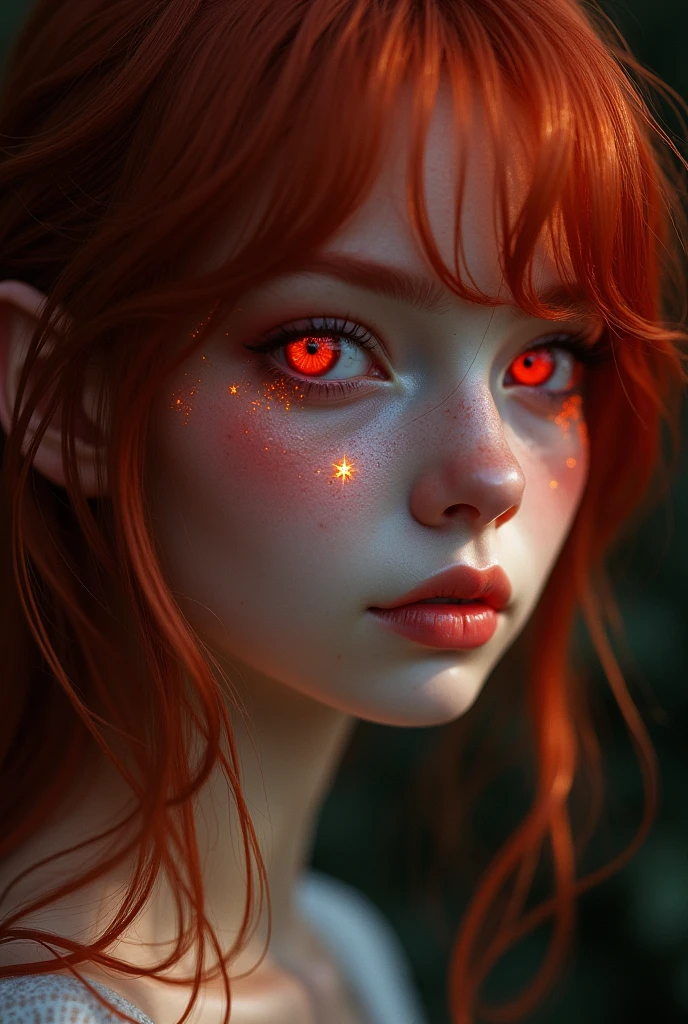 1girl, star eye, blush, perfect illumination, red hair, red eyes, unreal engine, sidelighting, detailed face, bangs, bright skin, simple background, dark background