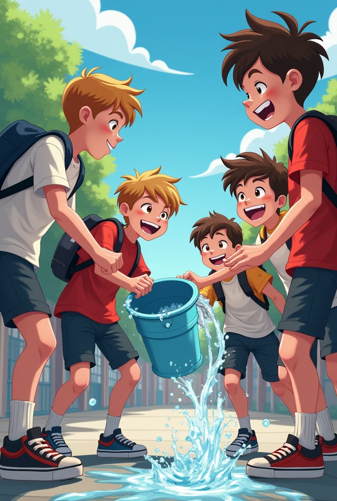 A group of students, throwing water bucket throward a wick boy  to have fun 