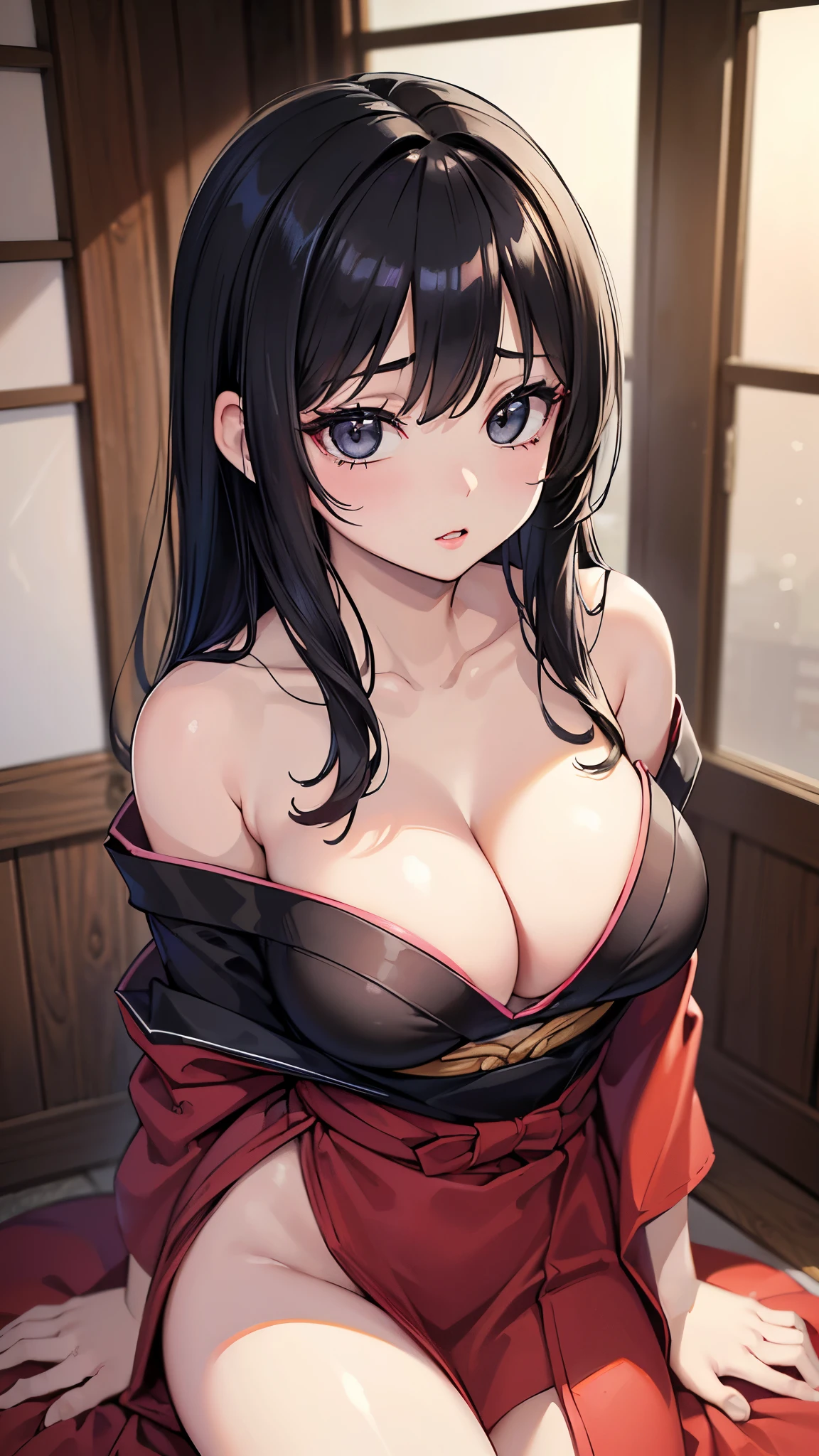 (masterpiece, 最high quality, 超High resolution, Very detailed), (Realistic:1.1, photoRealistic:1.4), Perfect illustration, Perfect lighting,Perfectly detailed hair, Perfect and exquisite face, Perfect collarbone, Perfect body,Juicy breasts, Perfect Thighs, Beautiful legs, View your audience, 1 person,Perfect Face, (Perfect Anatomy, Anatomically correct), Symmetrical face、((Shiny Hair)),Sexy Body、(masterpiece),(最high quality:1.3),8k,Very clear,(Ultra-realistic),Captivating woman,(high quality, High resolution, The finer details), Realisticなスタイルの女性,Juicy breasts、Perfect Woman、Perfect Face、Symmetrical face、Baby Face、Cowboy Shot、((Big breasts))、blush、((Juicy lips))、(((Smooth black hair)))、((Large, double-set black eyes、Long eyelashes))、(Red Makeup)、(((Off-the-shoulder kimono)))、(((Bare shoulders and cleavage)))、((Big tits jk))、(indoor、Japanese-style room)
