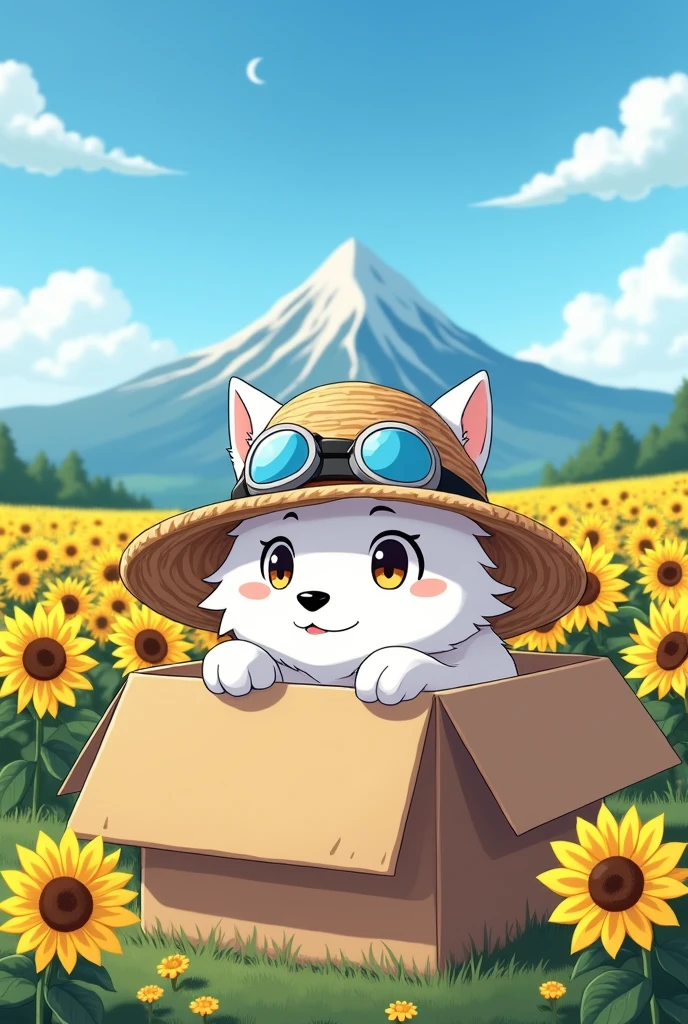 anime, kemono, white wolf, cardboard box, animal in a box, straw hat, raised goggles on hat, sunflower field, mountain view, blue sky, clear sky, vector illustrations, black outline, big eyes, blue shadow, warm light