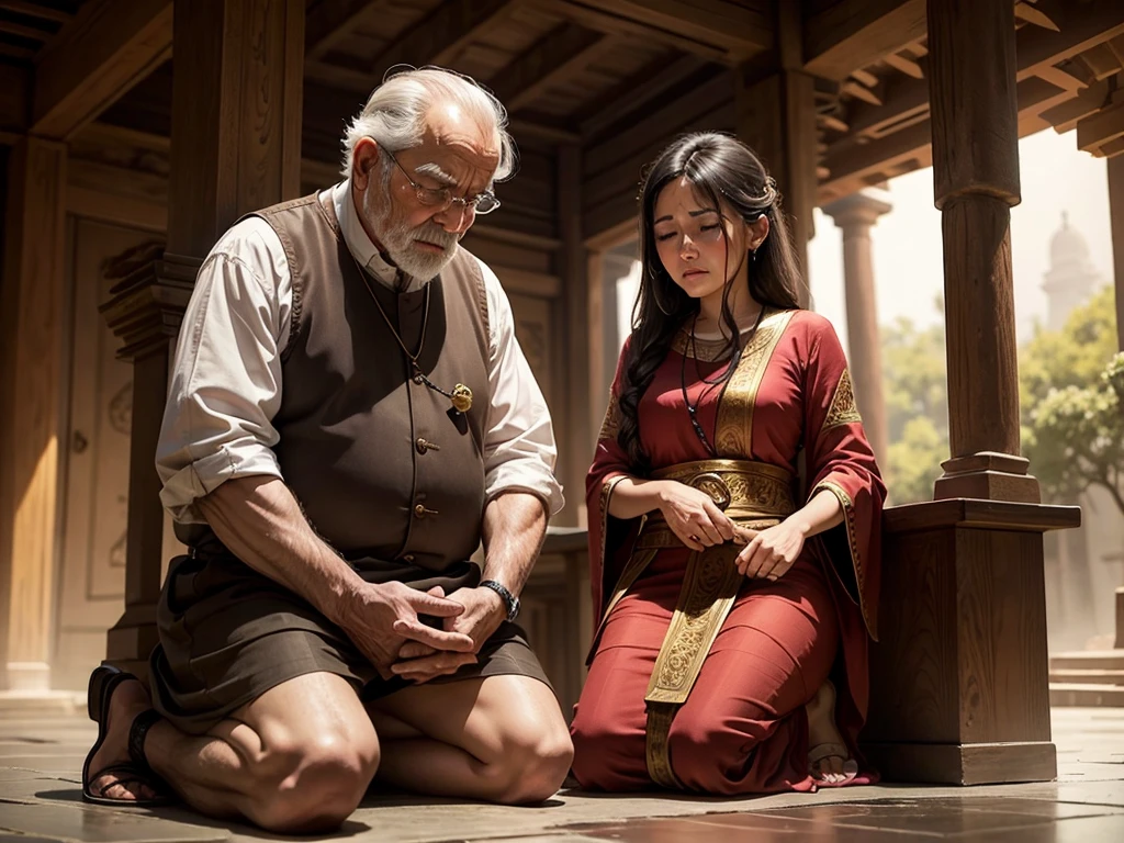 Old man sitting on temple chair and brunette woman kneeling and crying
