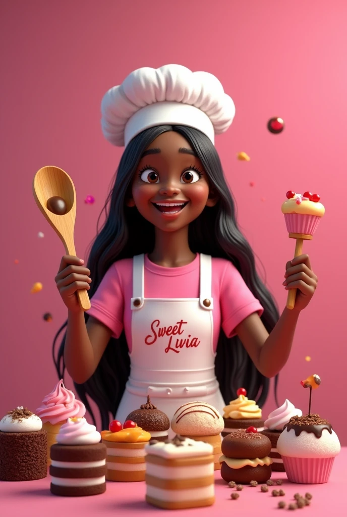 Por favor, CREATE AN IMAGE WITH A DARKER PINK BACKGROUND, WITH COLORFUL AND ASSORTED SWEETS, BROWNIES, brigadiers, KISSES AND CONFECTIONS. IN THE CENTER A CIRCLE OF SWEETS AROUND A BLACK-SKINNED GIRL, LONG STRAIGHT HAIR WITH A CONFECTIONER HAT, A BEAUTIFUL HAPPY SMILE, WEARING A PINK T-SHIRT AND A WHITE APRON WITH WRITTEN ON IT "SWEET LIVIA" HOLDING A WOODEN SPOON WITH SWEET SYRUP DRIPPING FROM THE TIP.