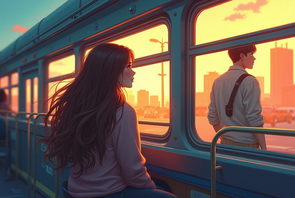 Long hair, 1 girl, looking at a boy through a bus window now the two of them meet in a school cafeteria now the two of them in an amusement park now at the movies
