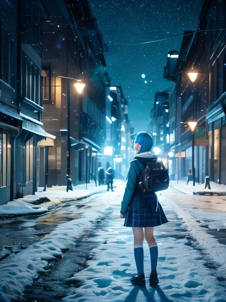 Highest quality,Ultra high definition,Ultra-high resolution,One girl,alone,whole body,Delicate depiction,snow,city,Physically Based Octane Rendering, Blue Hair,Green Eyes,JK,school uniform, Random Shot,