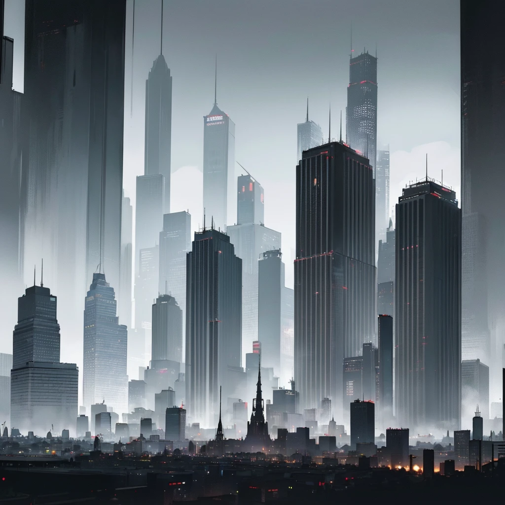 Landscape view of a large mega metropolis city with large buildings and skyscrapers of 900 meters in size. The buildings are made of black metal in black color, giving the city a retro future style. ,with buildings of all kinds of shapes and forms and that also have a dystopian and utopia style
