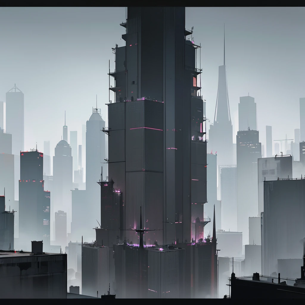 Landscape view of a large mega metropolis city with large buildings and skyscrapers of 900 meters in size. The buildings are made of black metal in black color, giving the city a retro future style. ,with buildings of all kinds of shapes and forms and that also have a dystopian and utopia style
