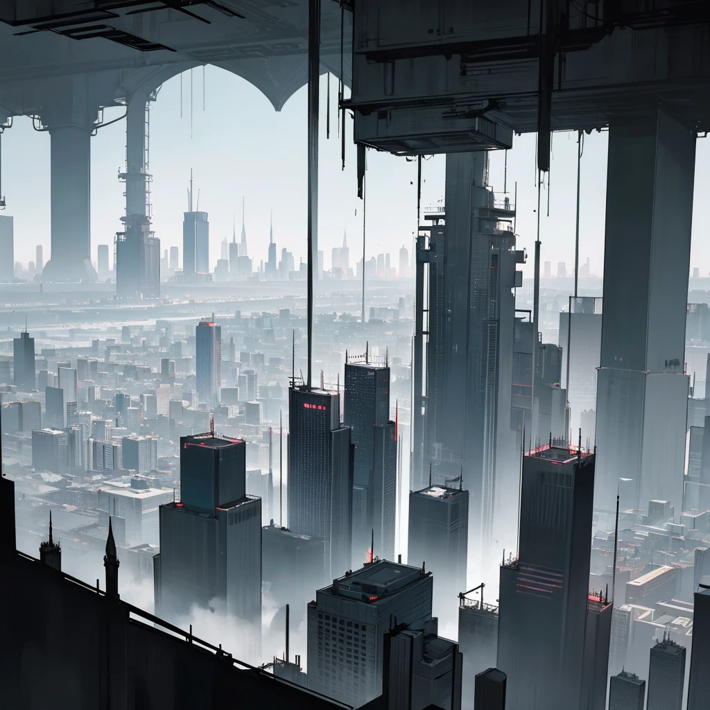 Landscape view of a large mega metropolis city with large buildings and skyscrapers of 900 meters in size. The buildings are made of black metal in black color, giving the city a retro future style. ,with buildings of all kinds of shapes and forms and that also have a dystopian and utopia style