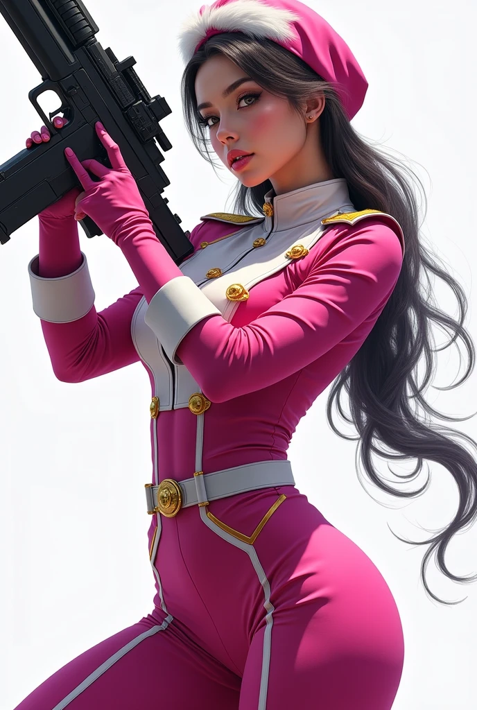 Five-color fighter+military uniform , beautiful young asian woman , big breasts , tights ,see the whole body.. beautiful eyes , sexy pose , hijab , holding a weapon , Pink-white set