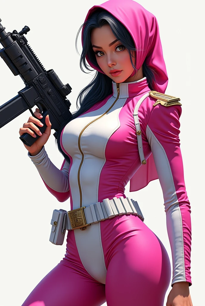 Five-color fighter+military uniform , beautiful young asian woman , big breasts , tights ,see the whole body.. beautiful eyes , sexy pose   , hijab , holding a weapon , Pink-white set