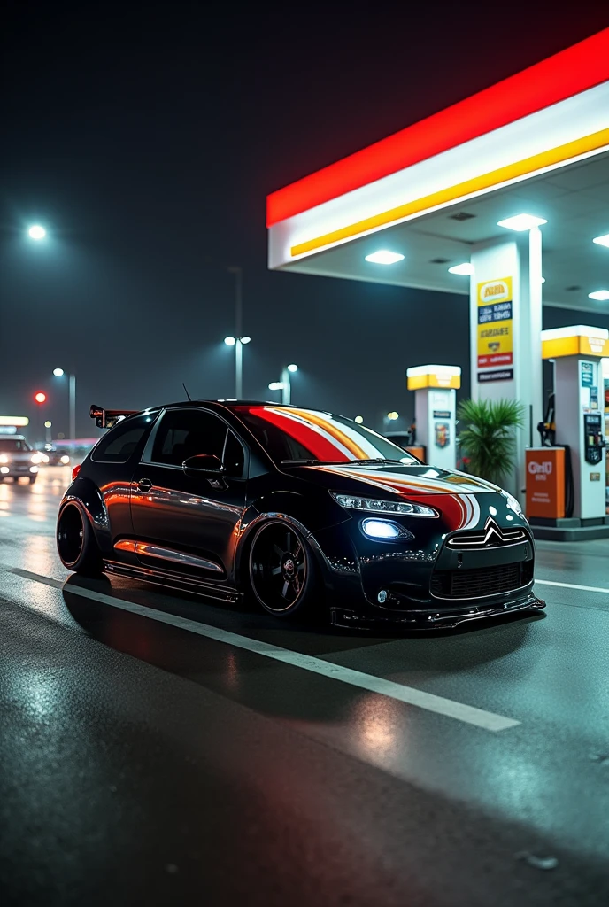 Highway gas station scenario, a Citröen car, model c3, year 2005, all black and lowered
