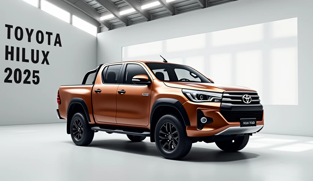 2025 Toyota hilux brown colour side view showroom ke background white ho aur wallpaper per Toyota hiluxe 2025 likha hua ho
