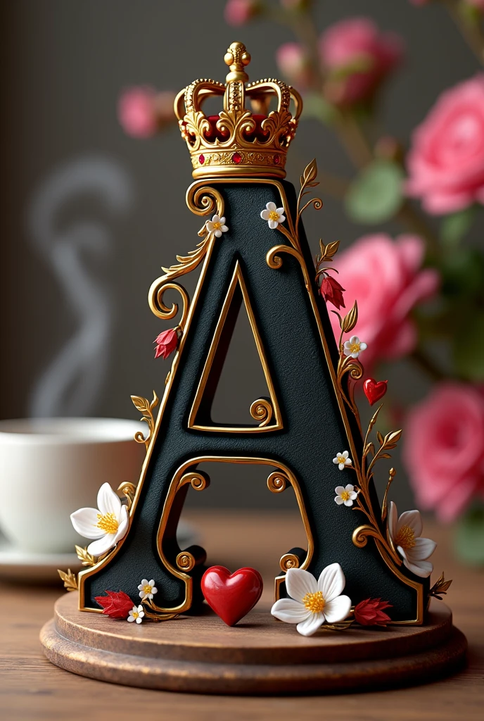  A 3D render of a black letter A with gold embellishments and small white flowers on a wooden base. The letter is adorned with a red heart and a gold British crown with red jewels. The background is blurred and features a cup of coffee and a bouquet of pink flowers.  The image is styled to look like a beautiful, whimsical scene.