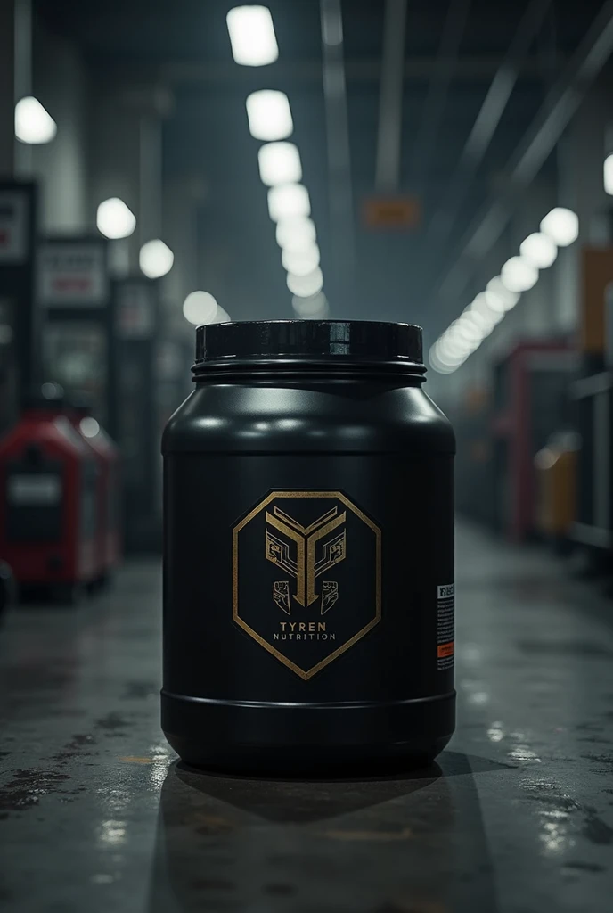 A dark factory where sports nutrition is produced, 3-2 kg plastic jars, black too, with a Tyren nutrition logo, let them show the mat, several machines, no need for now